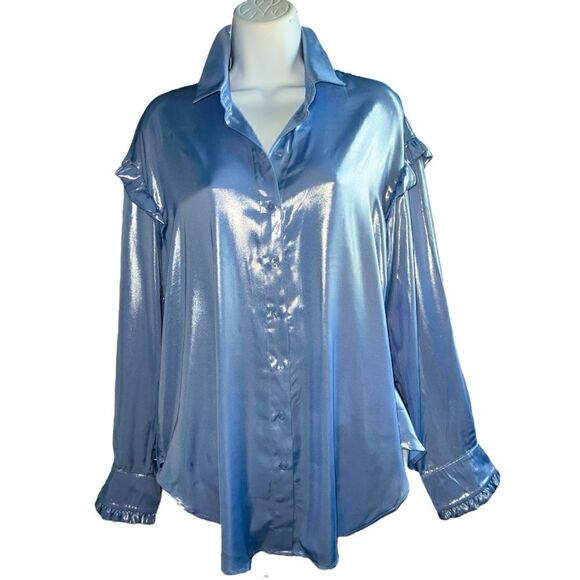 FREE PEOPLE Light Blue Oversized Ruffle Long Sleeve Holographic Shirtdress M. - Picture 1 of 5